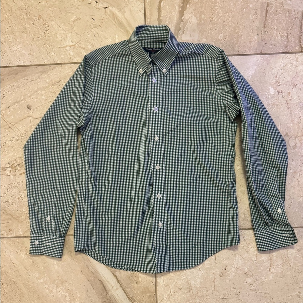 Brooks Brothers Boys Green and White check size Medium (8-10) dress shirt